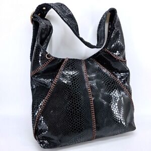 Vintage Sharif Hobo Shoulder Bag Black Snakeskin Embossed Leather Whipstitch Y2K